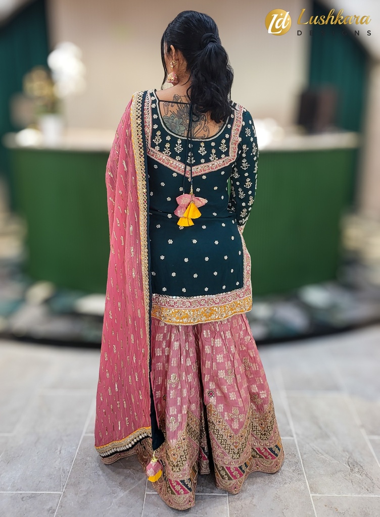 Lushkara Elegant Green and Pink Embroidered Sharara Set