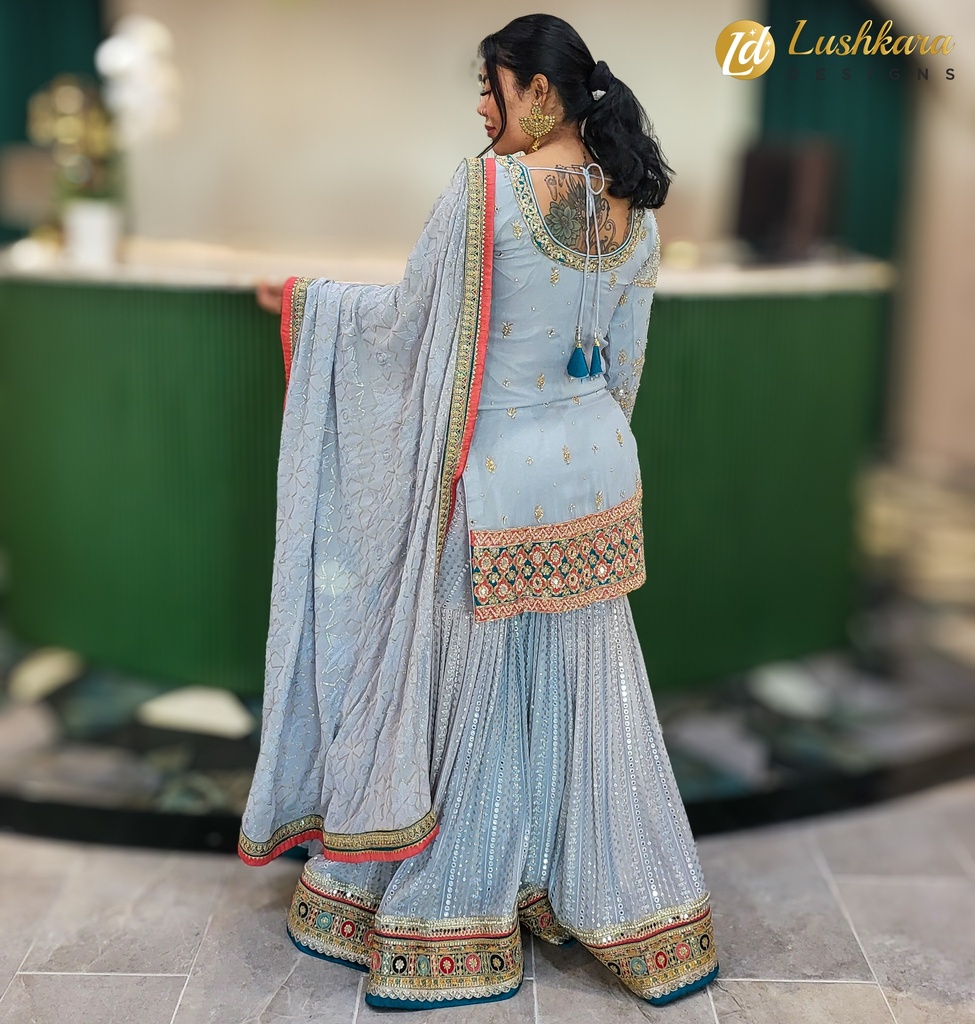 Lushkara Elegant Light Blue Embroidered Sharara Set