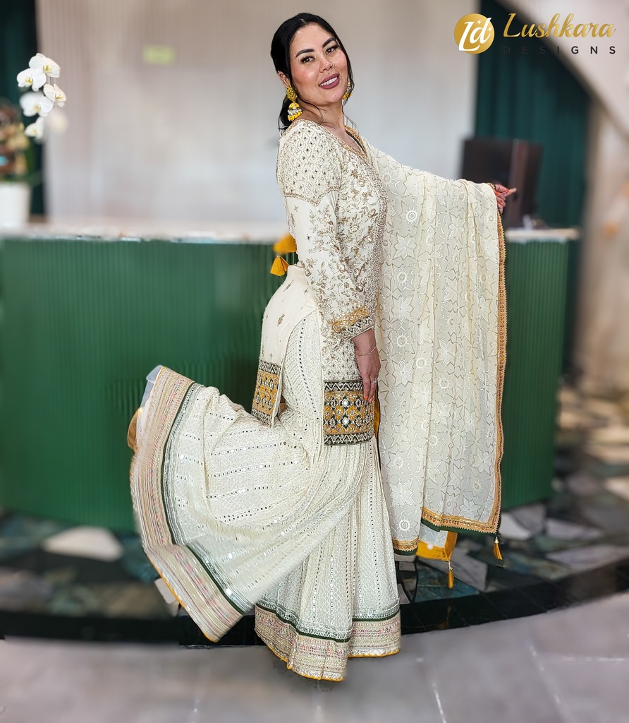 Lushkara Ivory and Gold Embroidered Sharara Set