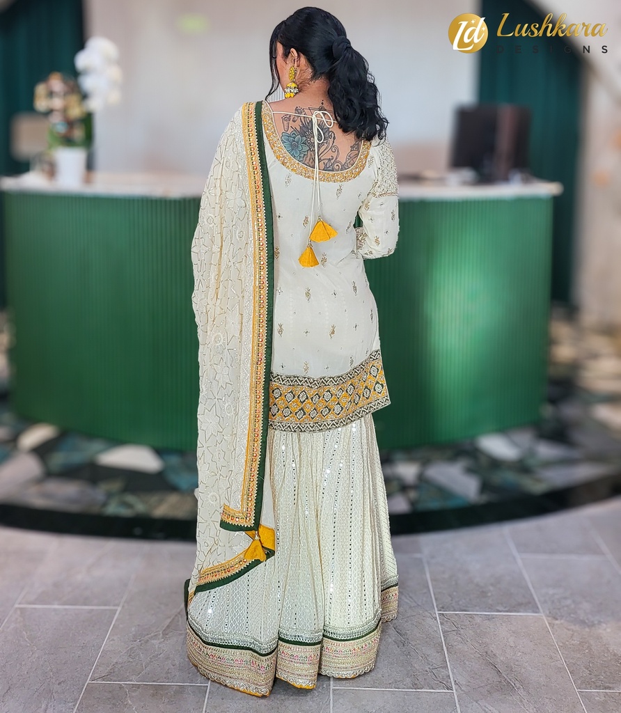 Lushkara Ivory and Gold Embroidered Sharara Set