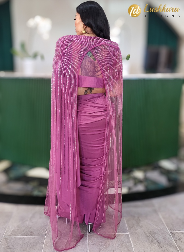 Lushkara Dusty Rose Cape Saree