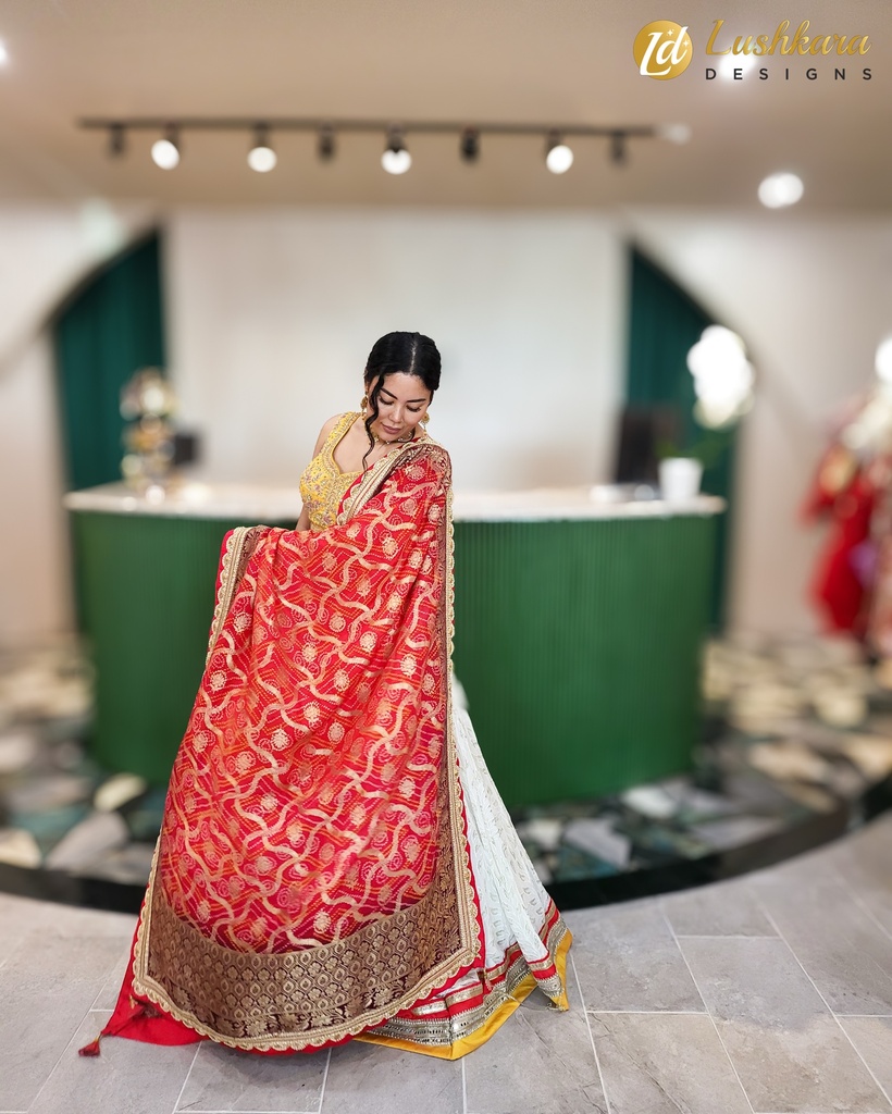 Lushkara Ivory Red, Yellow And White Traditional Lehenga