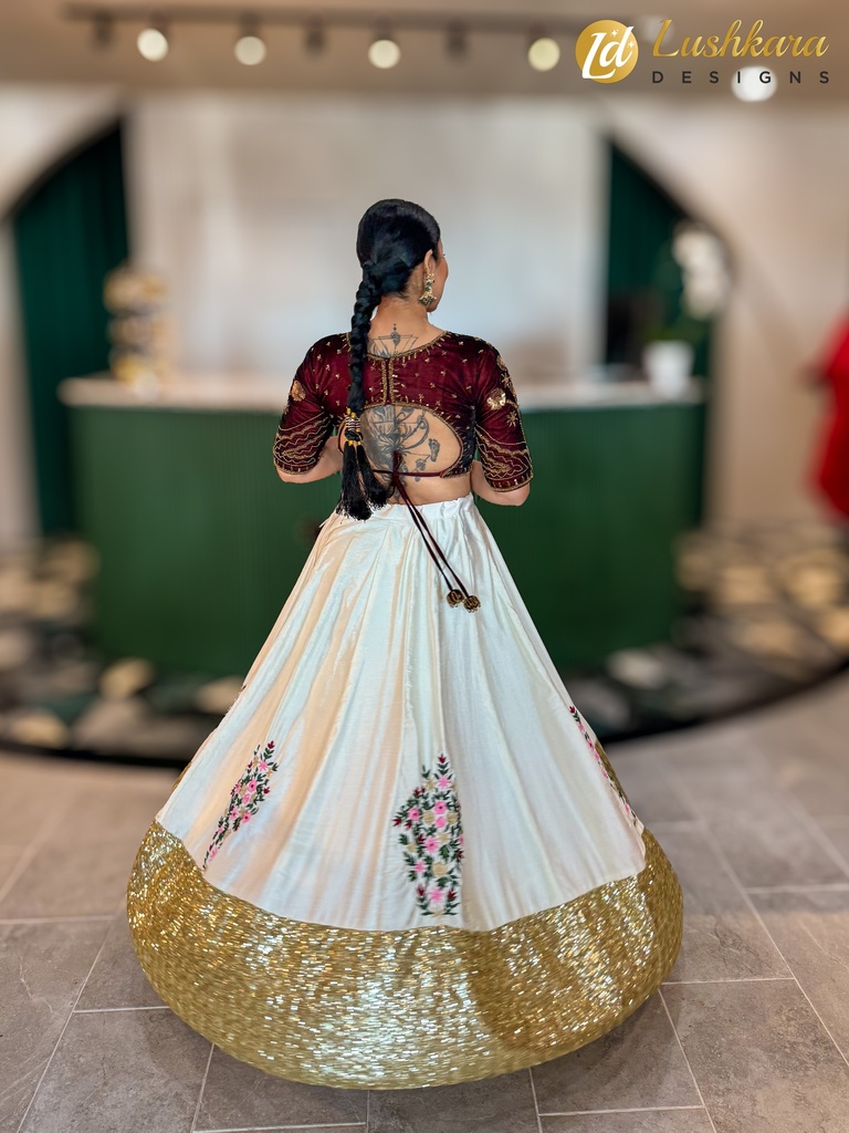 Lushkara Elegant Cream and Maroon Lehenga