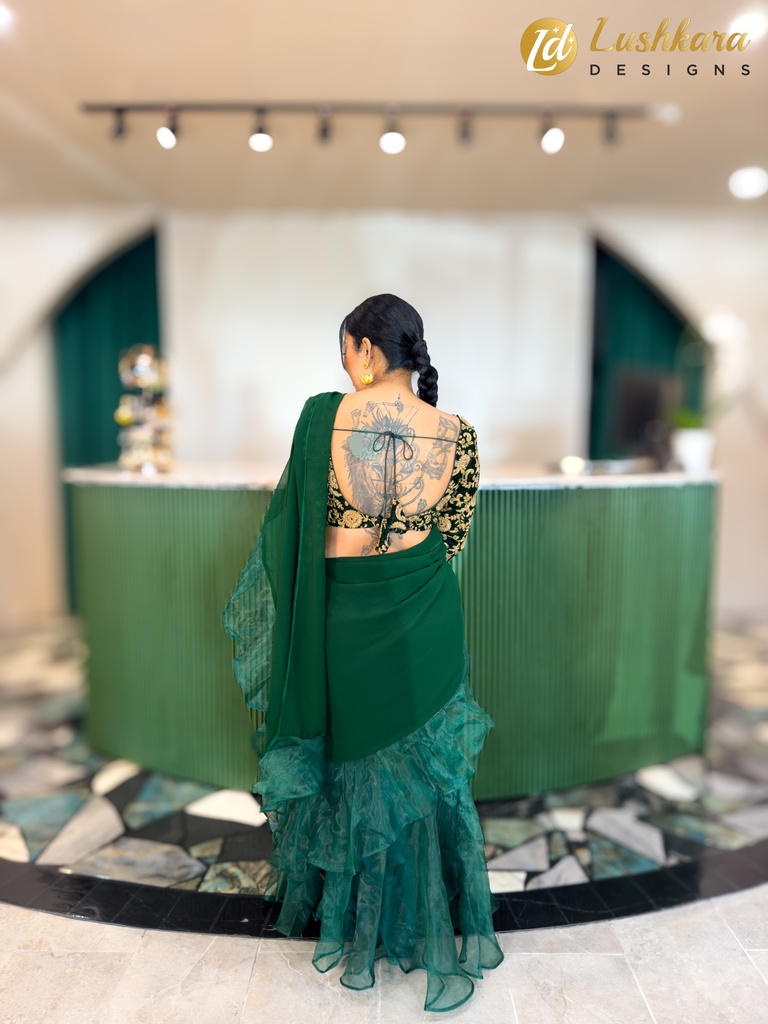 Lushkara - Elegant Green Ruffled Saree