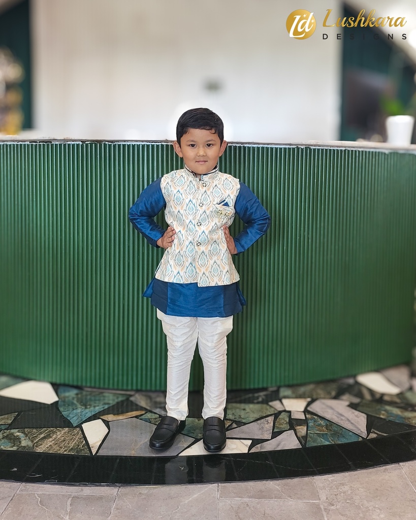 Lushkara Blue and White Kids' Kurta Set