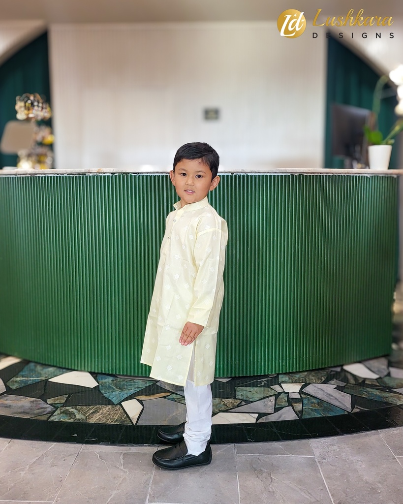 Lushkara Yellow and White Kids' Kurta Set