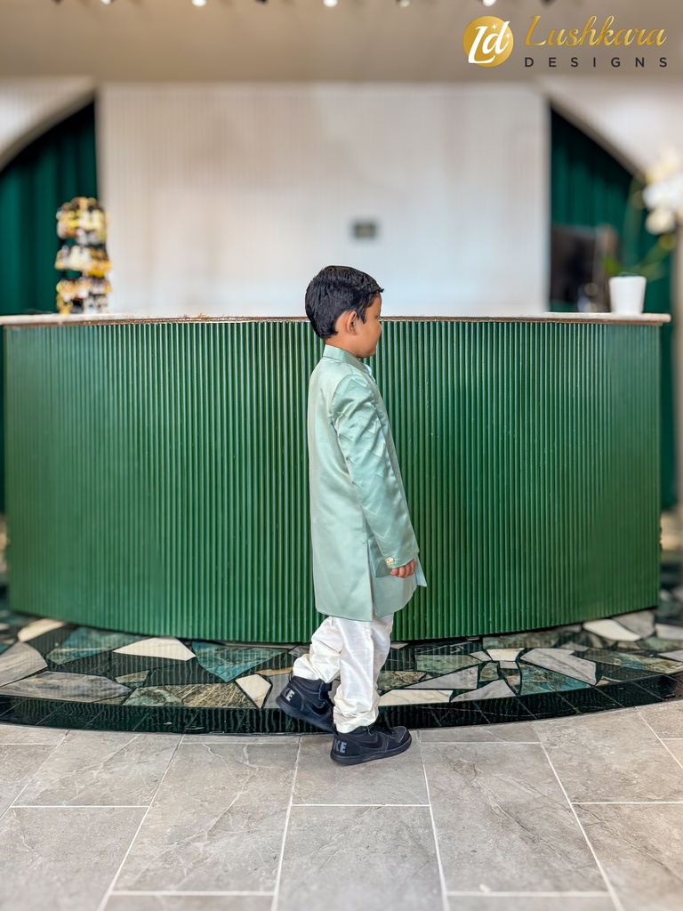 Lushkara Mint Green and White Kids' Sherwani Set