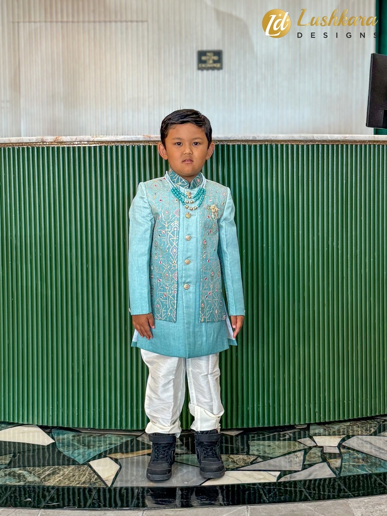 Lushkara Light Blue and White Kids' Sherwani Set