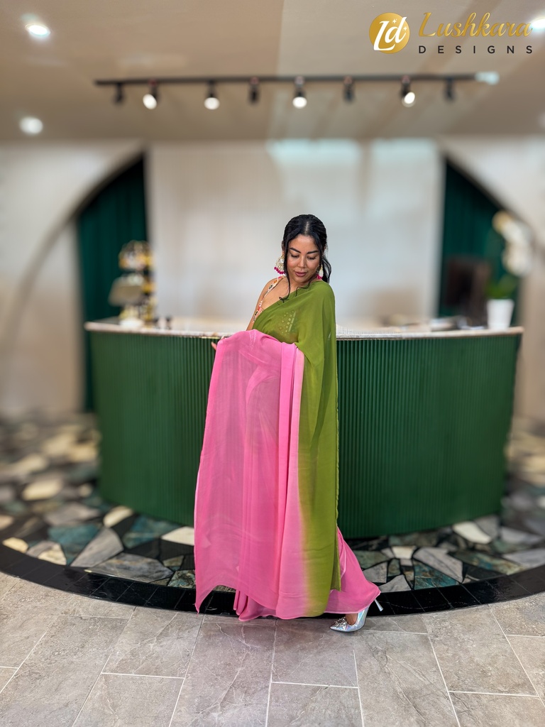 Lushkara Green and Pink Ombre Saree Set