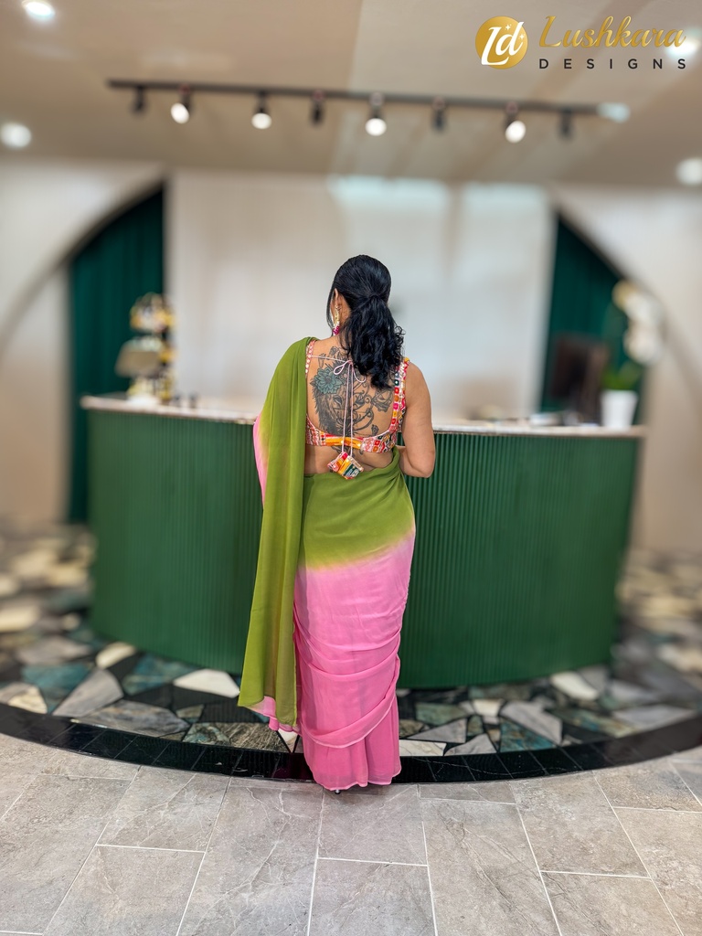 Lushkara Green and Pink Ombre Saree Set