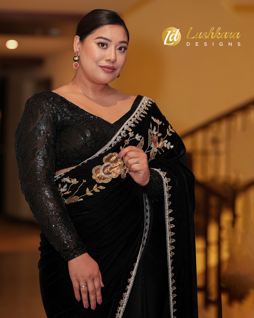 Lushkara Midnight Black Saari with Handwork Gold and Silver Embroidery with Heavy Sequin Full Sleeves Blouse