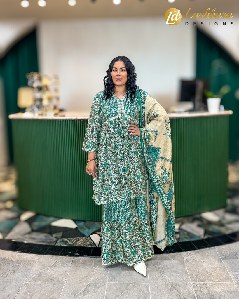 Lushkara Teal and Cream Floral Print Sharara Set