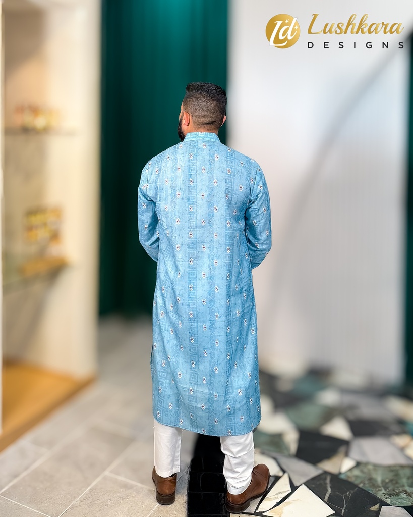 Lushkara Sky Blue Printed Kurta for Men