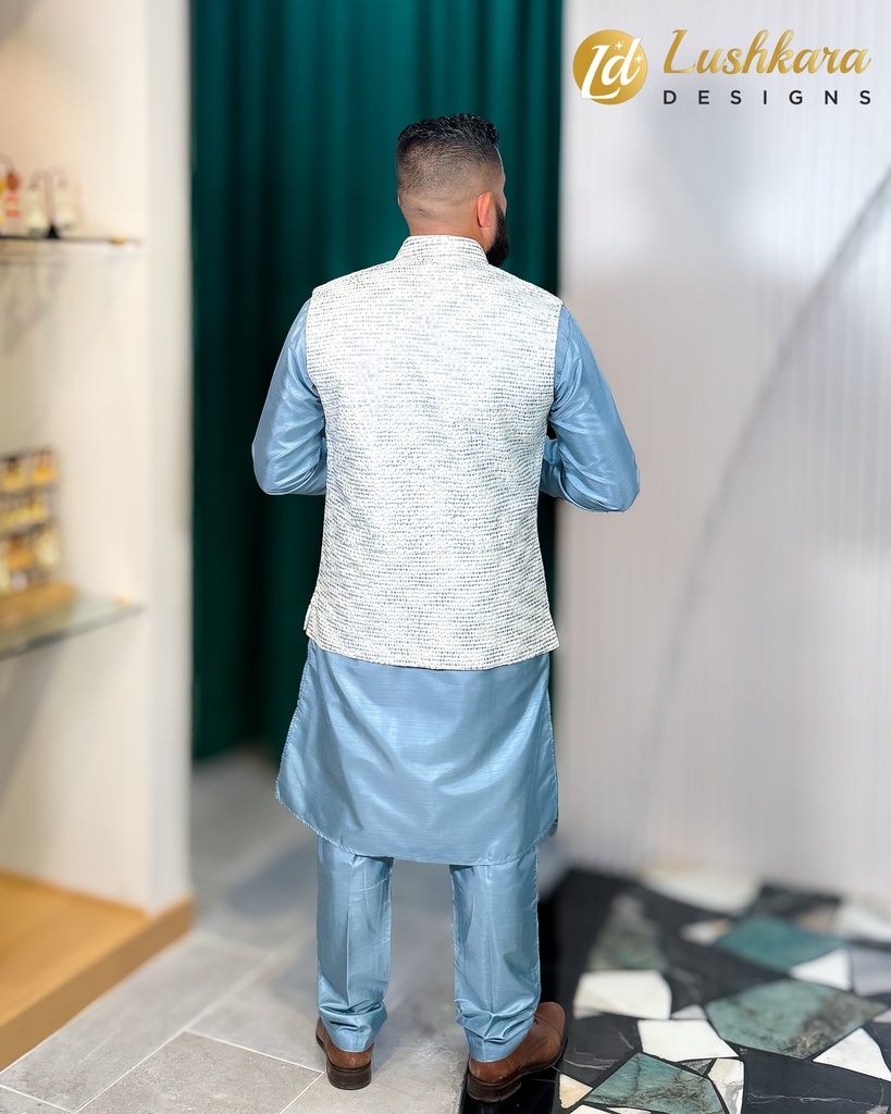 Lushkara Men's Light Blue Kurta with Ivory Waistcoat