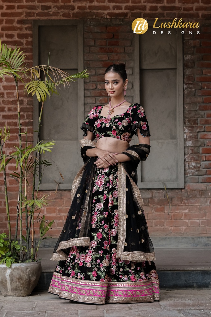 Midnight Bloom Black and Pink Threadwork Lehenga with Hand Work Tassle and Heavy Work Laces