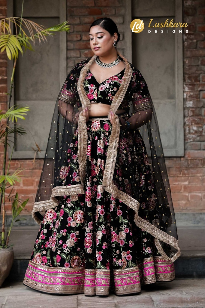 Midnight Bloom Black and Pink Threadwork Lehenga with Hand Work Tassle and Heavy Work Laces