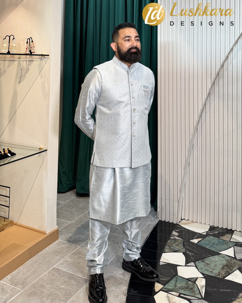 Lushkara Men's Silver Sherwani: Regal Sophistication