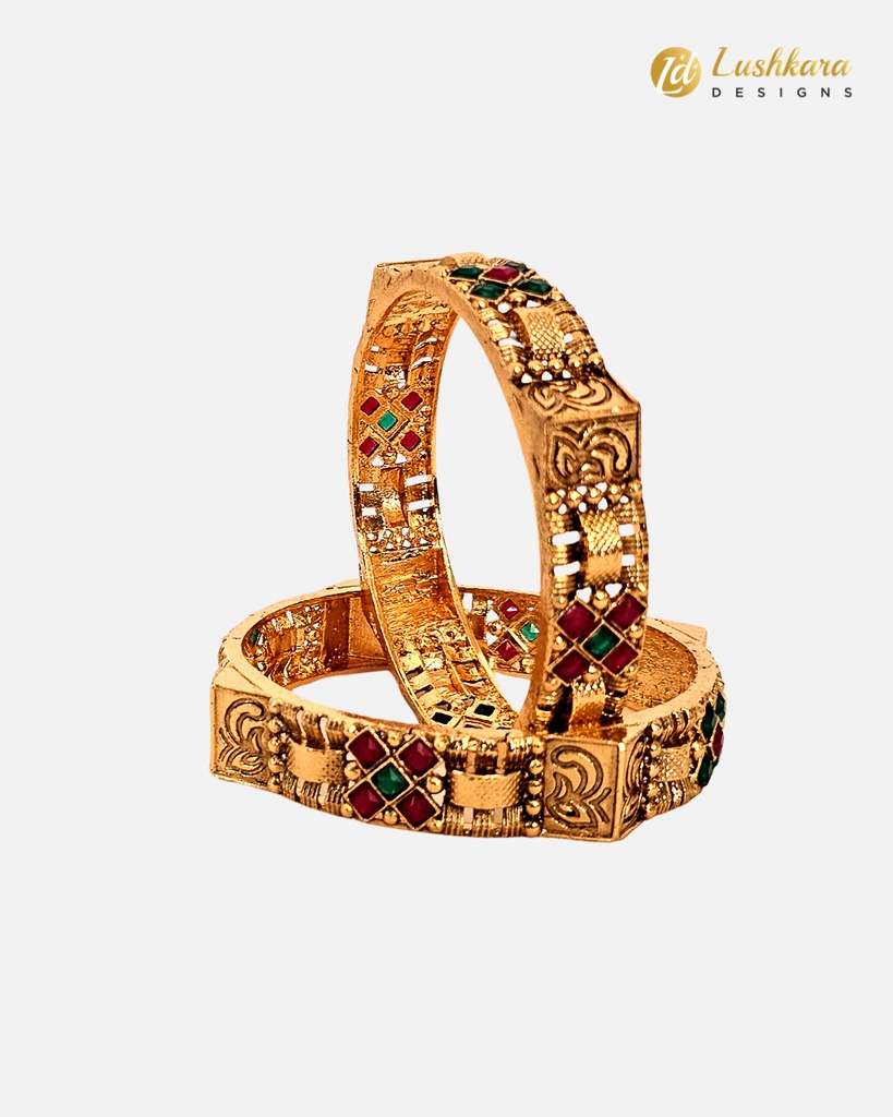 Lushkara Gold Bangle With X Shape Green and Red Stone