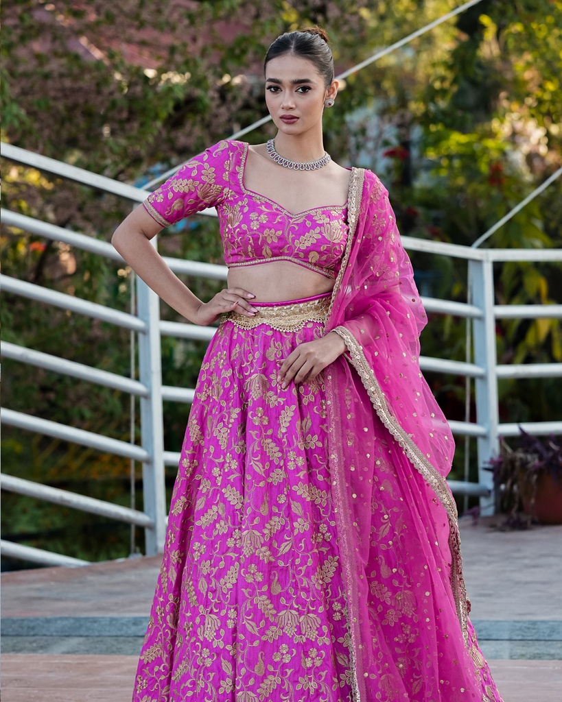 Lushkara Rani Pink Floral  Raw Silk Lehenga with Broad Neck Blouse with Belt with Heavy Laces