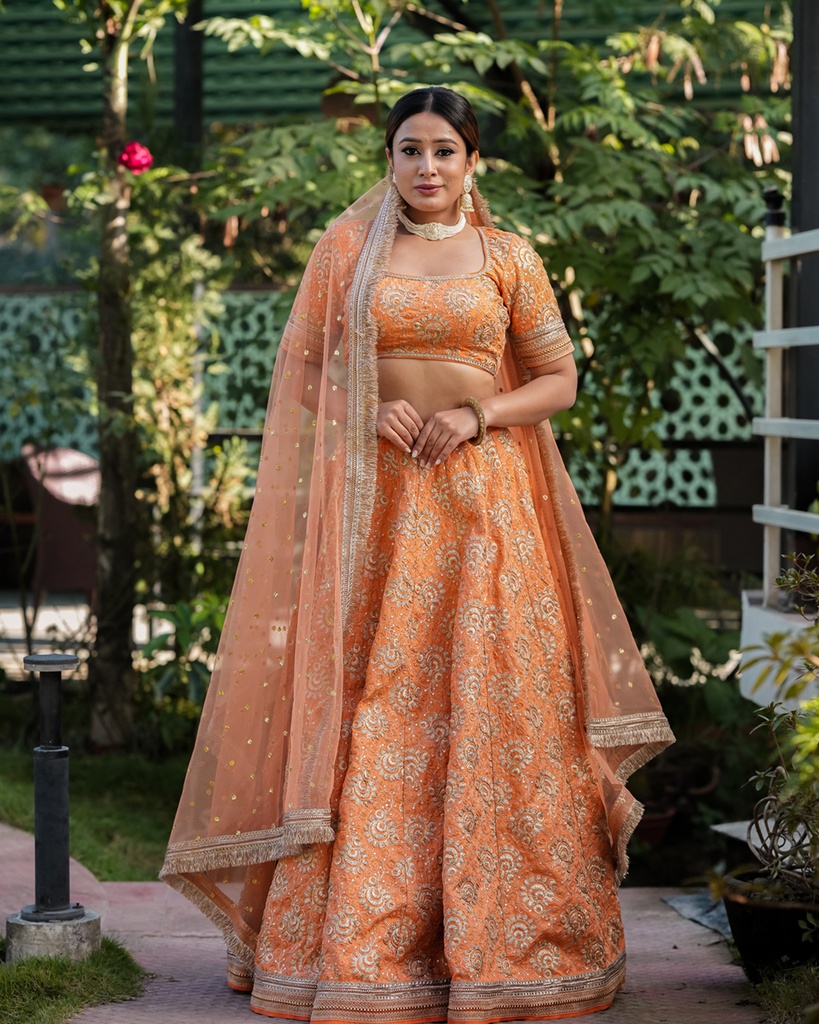 Lushkara Orange Raw Silk Lehenga with Round Neck Blouse Sequin Embroided - With Heavy Laces