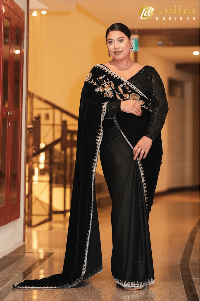 Lushkara Midnight Black Saree with Handwork Gold and Silver Embroidery with Heavy Sequin Full Sleeves Blouse