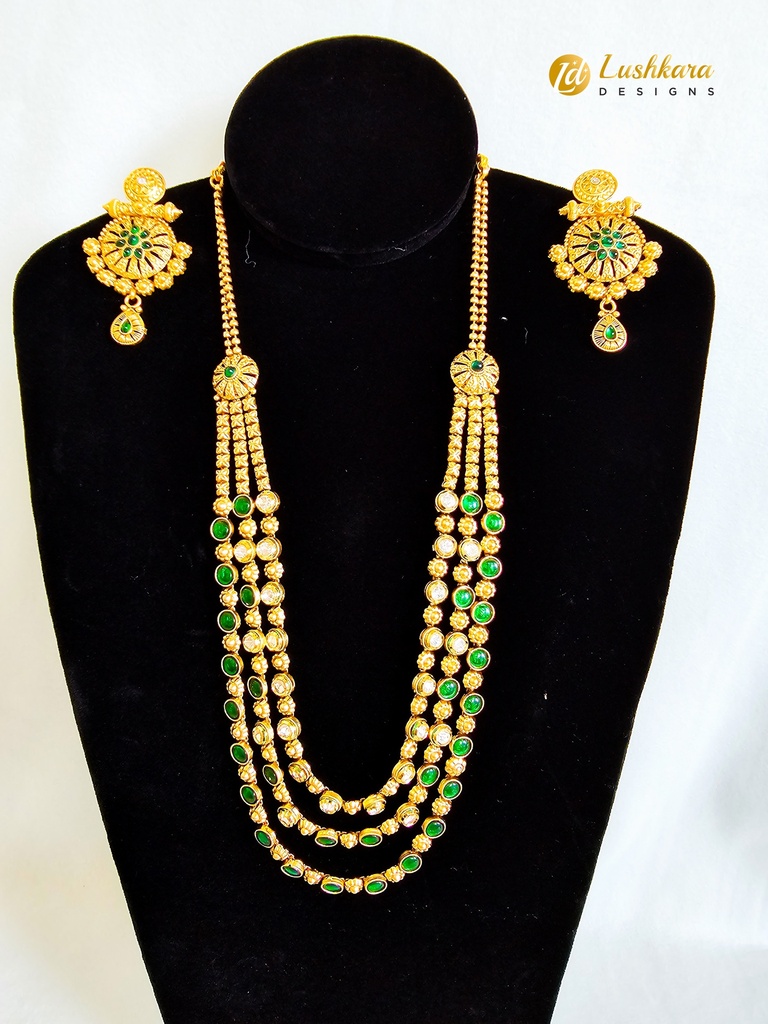 Lushkara Gold Kundan Green and White Necklace Set