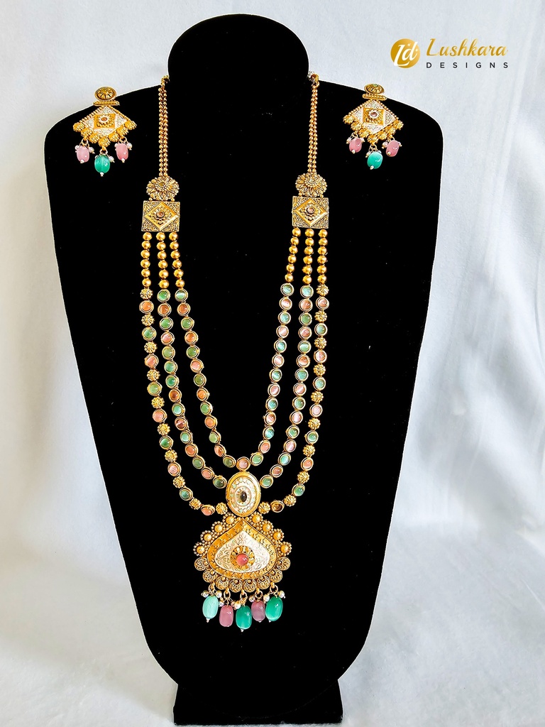 Lushkara Gold Necklace Hand Painted with Mint Green and Pink Stone