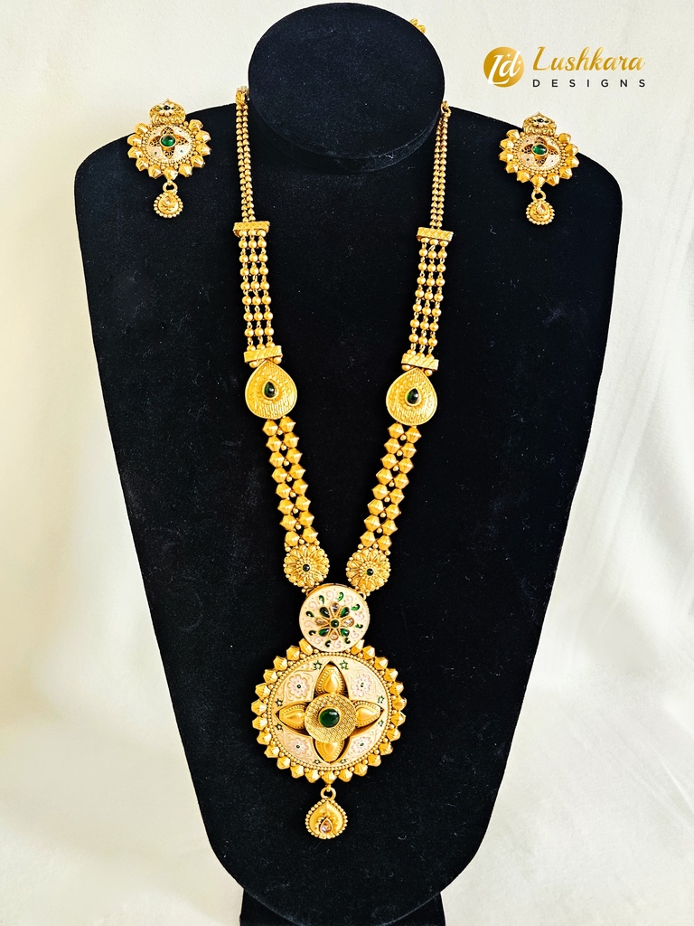 Lushkara Hand Painted Gold Pendant Emerald Necklace Set