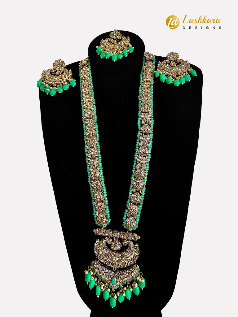 Lushkara Kundan Long Necklace with Mint Green Beads Necklace Set