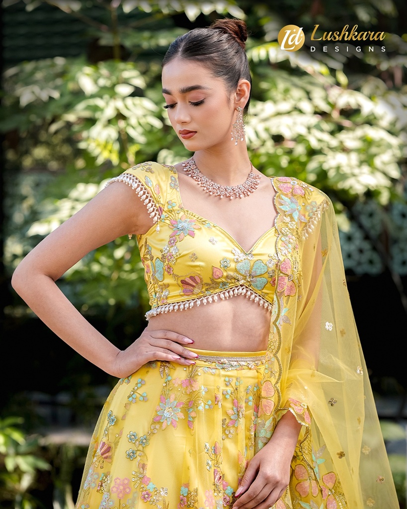 Lushkara Yellow Sequin and Pearl Embroidered Lehenga with Heavy Laces & Latkans