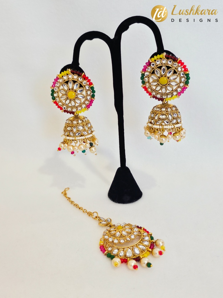 Lushkara Gold-Toned Jhumka Earrings with Multicolor Accents and Maang Tikka Set