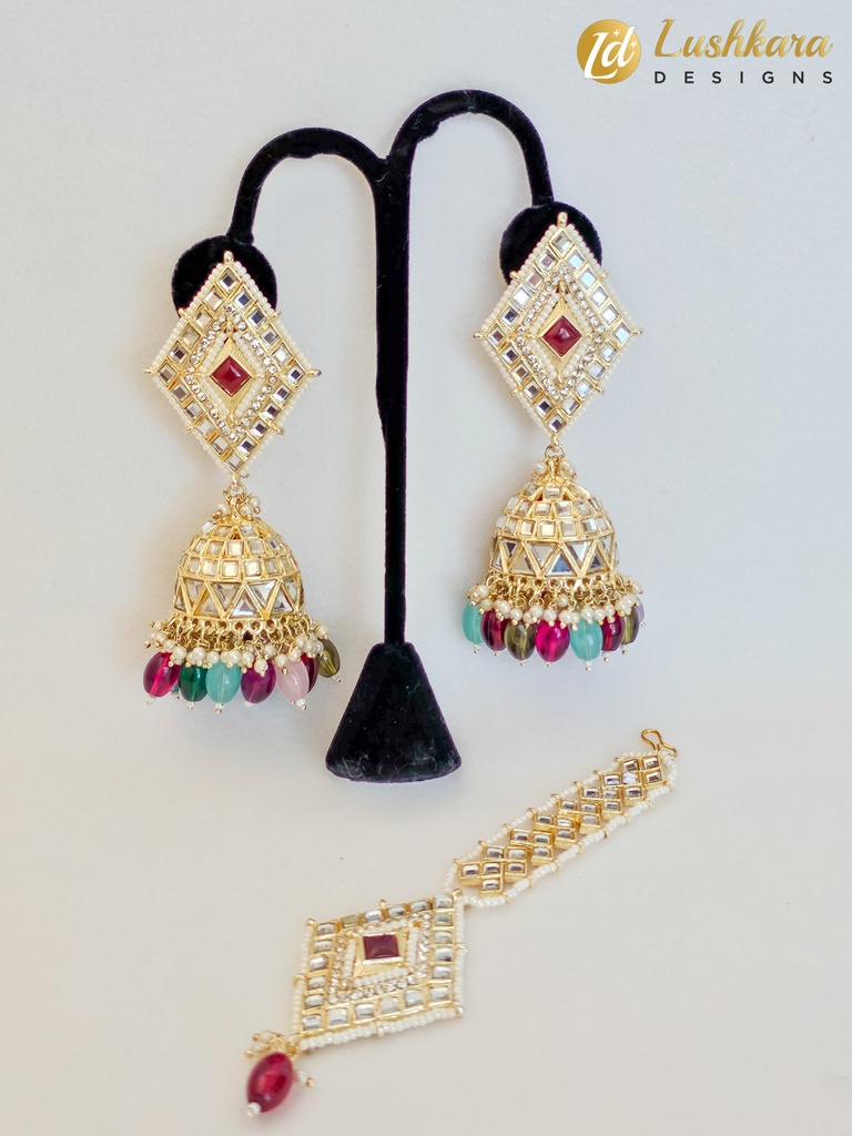 Lushkara Geometric Gold-Toned Jhumka Earrings with Kundan Accents and Multicolor Beads Set