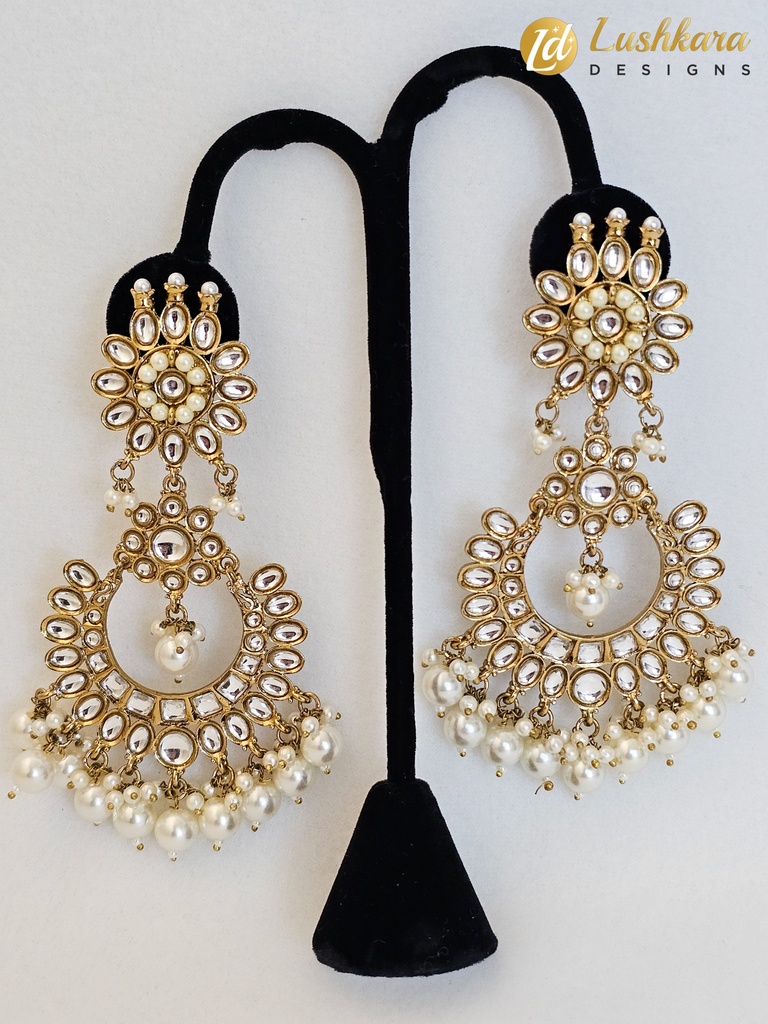 Lushkara Gold-Toned Kundan Jhumka Earrings with White Pearl Accents