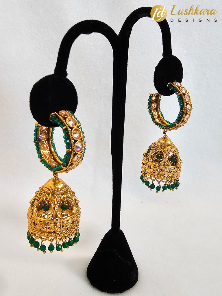 Lushkara Gold-Toned Hoop Jhumka Earrings with Green Bead Accents