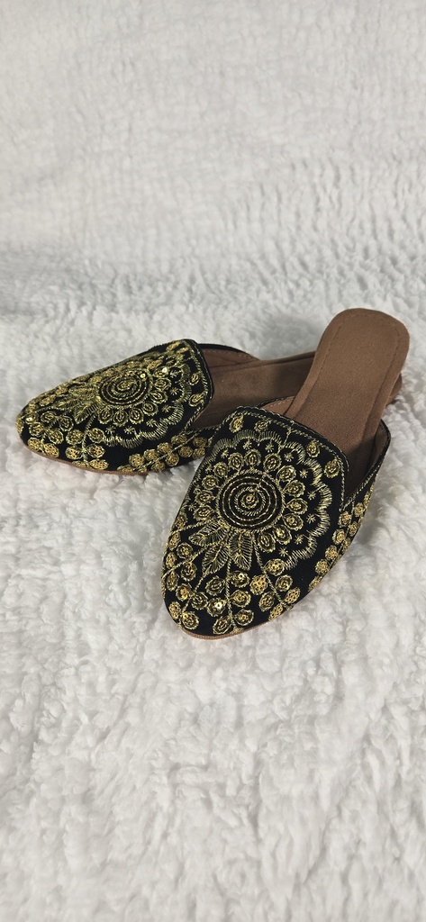 Lushkara Black and Gold Embroidered Slip-On Shoes