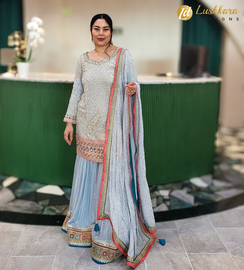 Lushkara Elegant Light Blue Embroidered Sharara Set