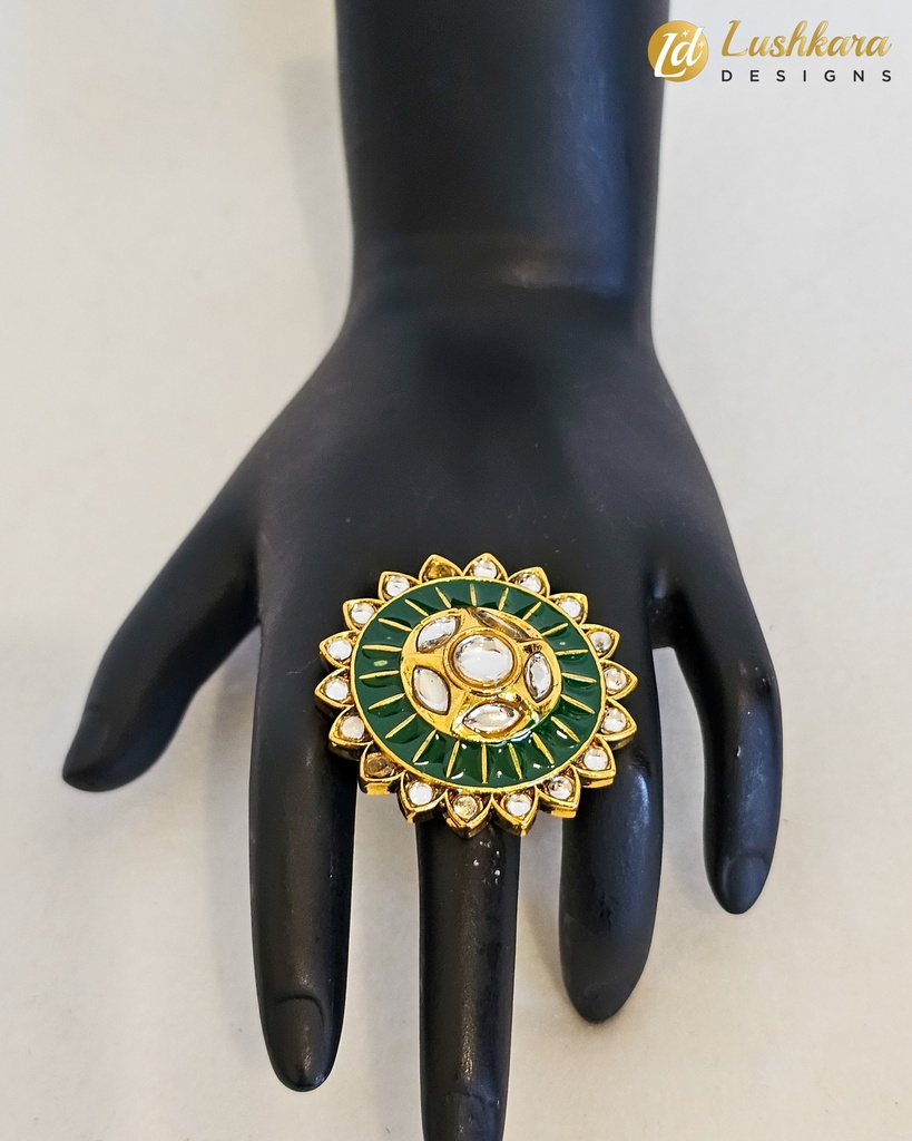 Lushkara Elegant Green Kundan Floral Ring