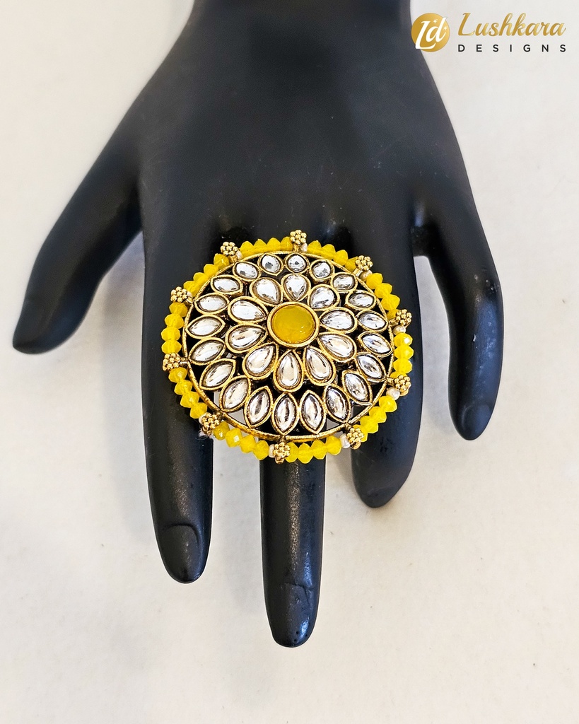 Lushkara Radiant Yellow Kundan Floral Ring