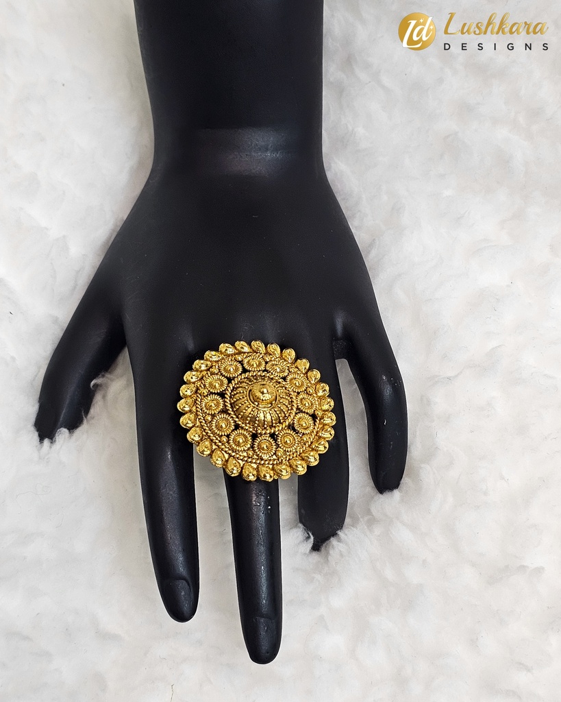 Lushkara Intricate Gold Circular Statement Ring