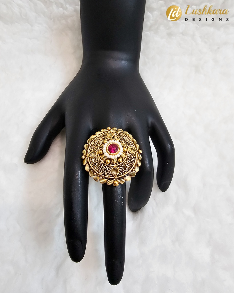 Lushkara Intricate Filigree Red Gemstone Ring