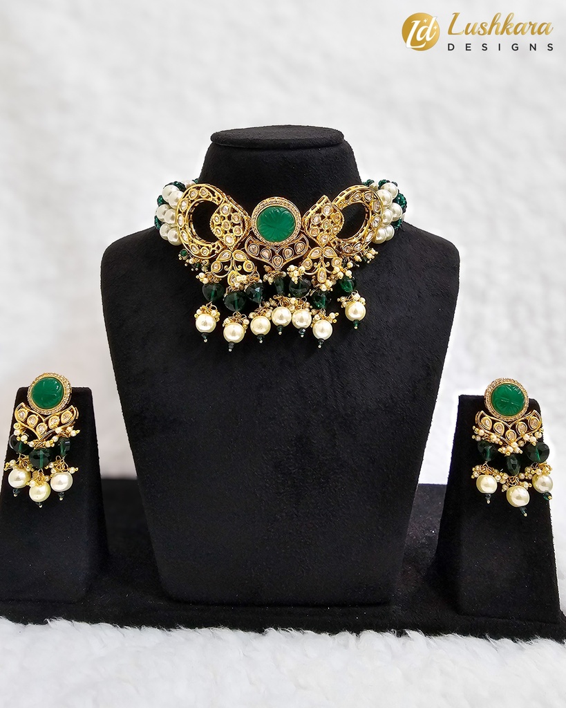 Lushkara Royal Green Kundan Choker Set