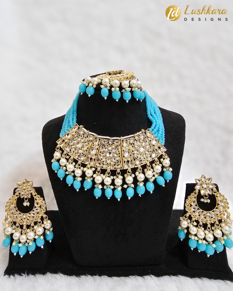 Lushkara Turquoise Beaded Kundan Necklace Set