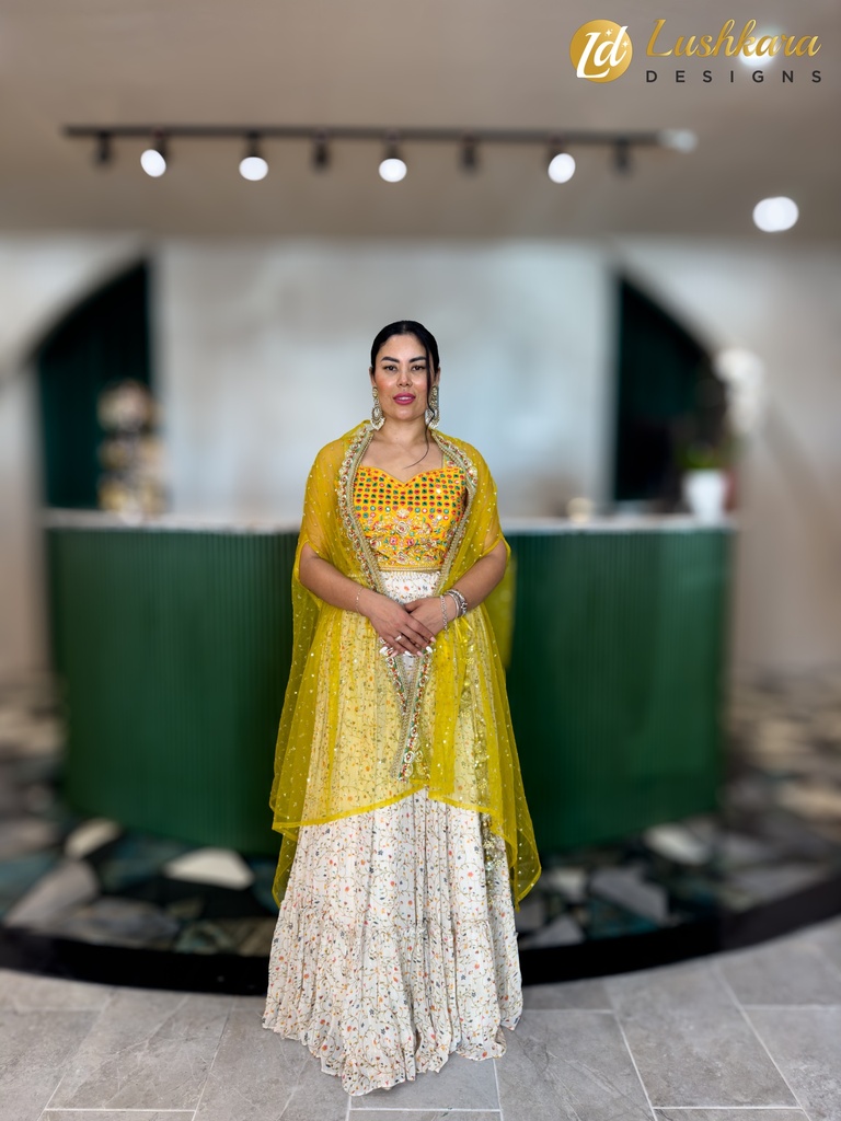 Lushkara Floral Lehenga with Yellow Shrug