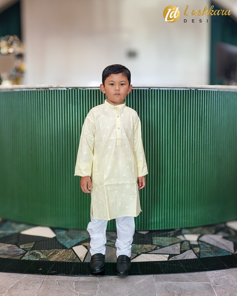 Lushkara Yellow and White Kids' Kurta Set