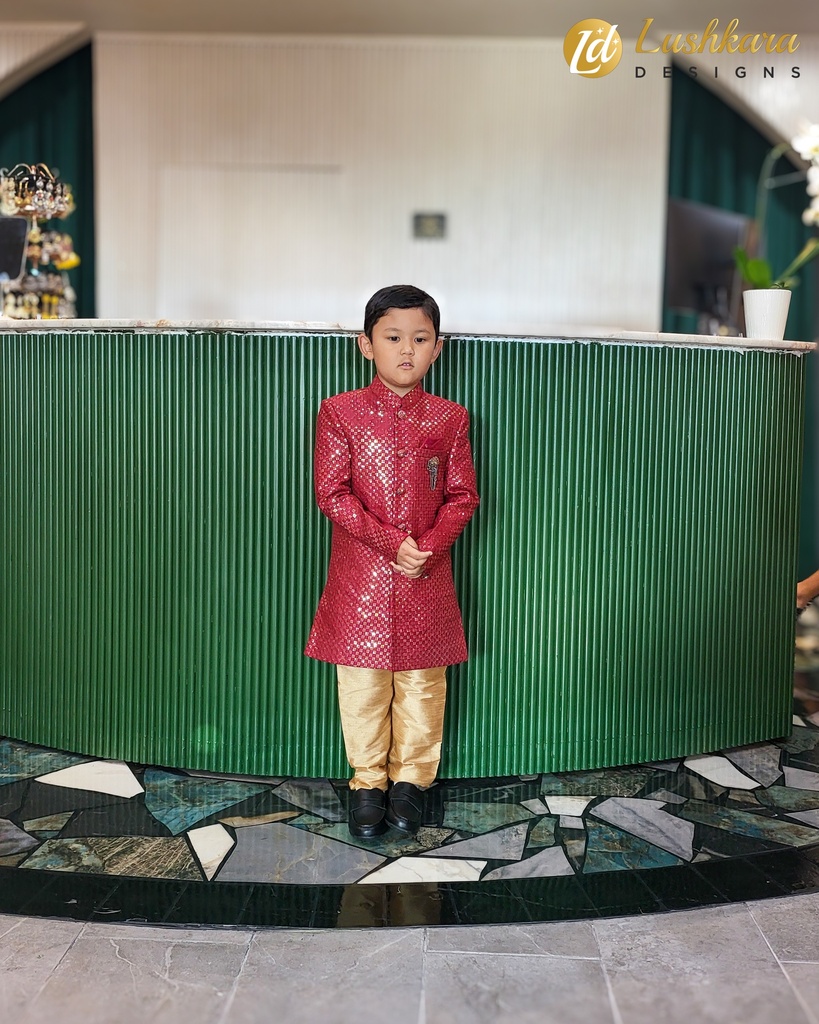 Lushkara Red and Gold Kids' Sherwani Set