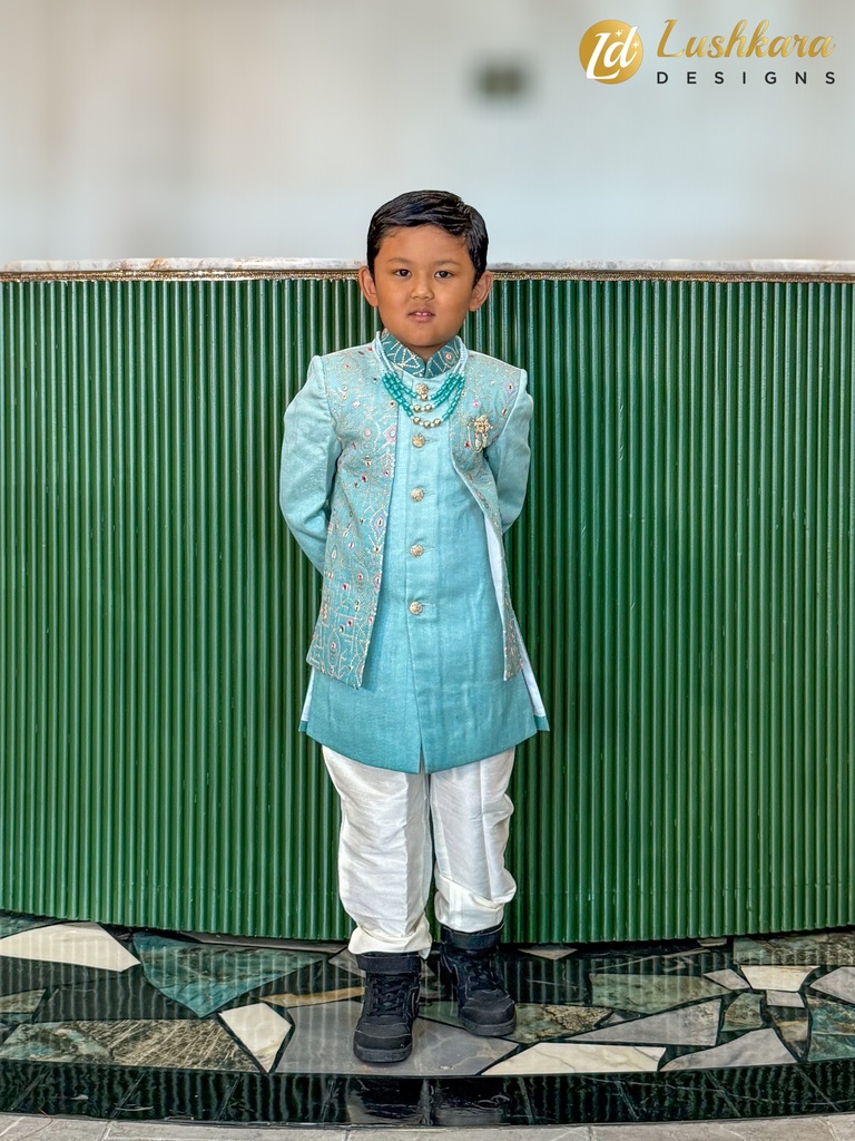 Lushkara Light Blue and White Kids' Sherwani Set