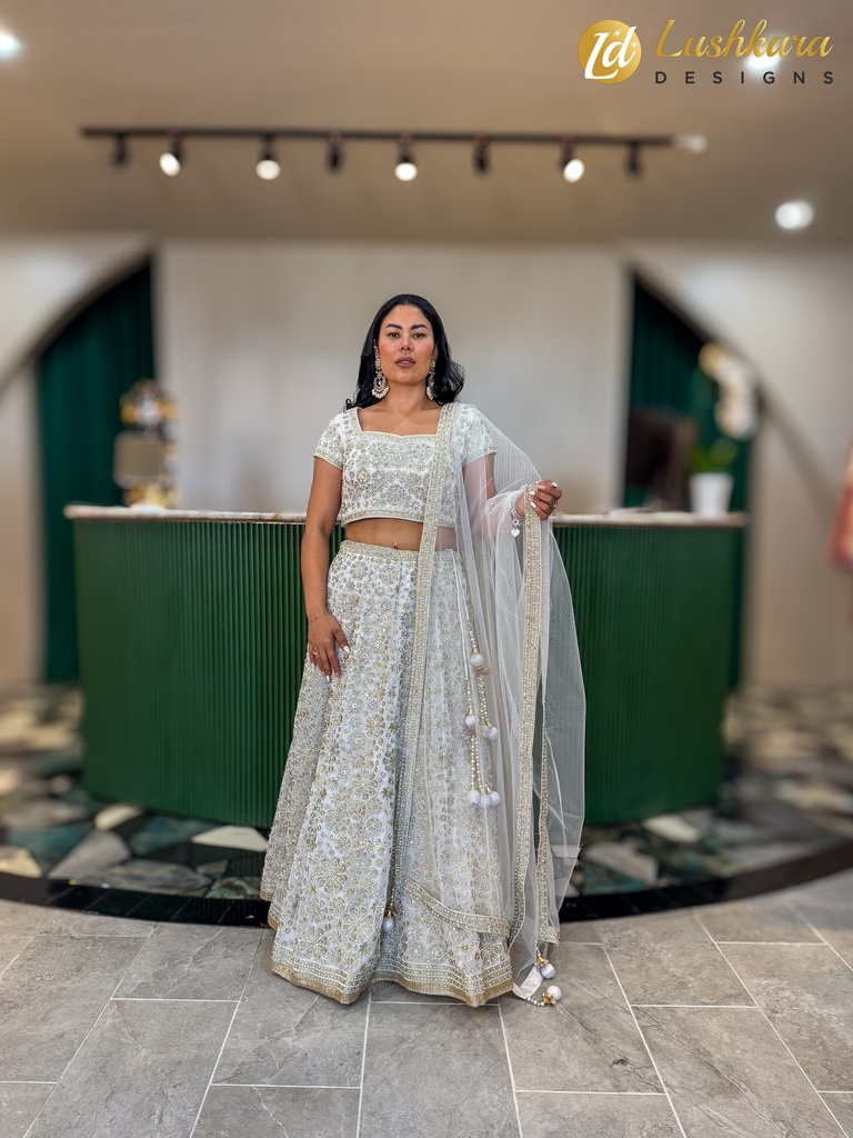 Lushkara White and Gold Embroidered Lehenga Set