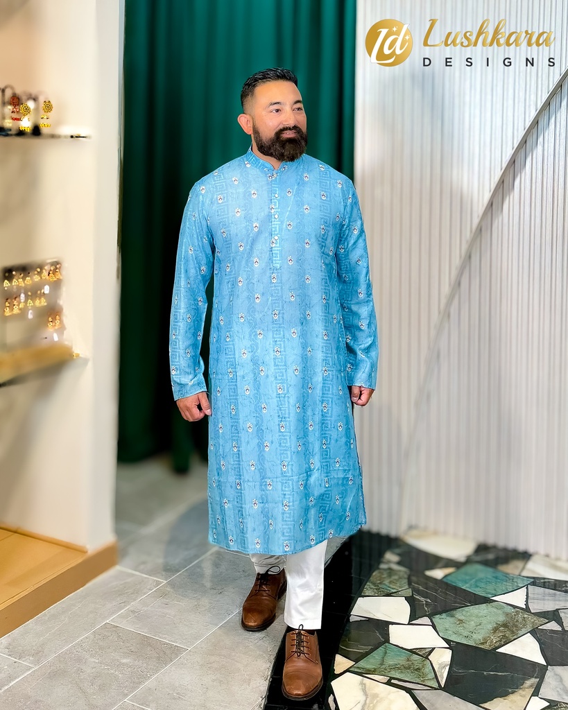 Lushkara Sky Blue Printed Kurta for Men