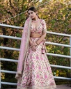 Lushkara Pink Floral  Raw Silk Lehenga with V Neck blouse - Thread Embroided  with Heavy Laces