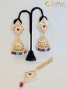 Lushkara Geometric Gold-Toned Jhumka Earrings with Kundan Accents and Multicolor Beads Set